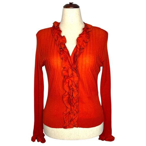 Anne Fontaine Women's Cardigan Size 46 14 Orange Ruffle Knit Ribbed V-Neck